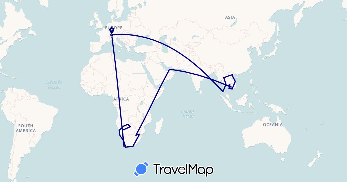 TravelMap itinerary: driving in United Arab Emirates, Botswana, Switzerland, Cambodia, Laos, Namibia, Thailand, Vietnam, South Africa (Africa, Asia, Europe)